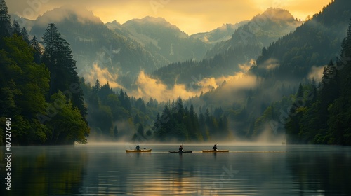 A serene image capturing two people in a canoe on a calm mountain lake at sunrise. 