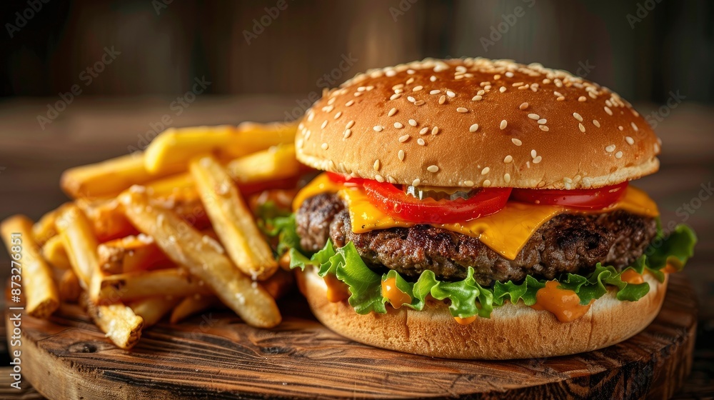 Close-up of a juicy cheeseburger with fresh lettuce, tomato, and melted cheese, with a side of crispy golden fries on a rustic wooden surface Close-up of a juicy cheeseburger with fresh lettuce, tomato, and melted cheese, with a side of crispy golden fries on a rustic wooden surface