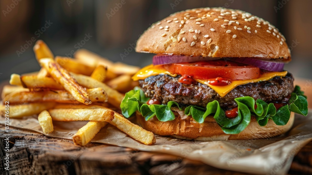 Close-up of a juicy cheeseburger with fresh lettuce, tomato, and melted cheese, with a side of crispy golden fries on a rustic wooden surface Close-up of a juicy cheeseburger with fresh lettuce, tomato, and melted cheese, with a side of crispy golden fries on a rustic wooden surface