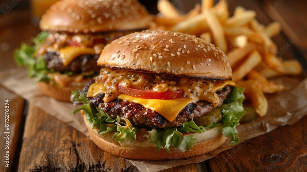 Close-up of a juicy cheeseburger with fresh lettuce, tomato, and melted cheese, with a side of crispy golden fries on a rustic wooden surface Close-up of a juicy cheeseburger with fresh lettuce, tomato, and melted cheese, with a side of crispy golden fries on a rustic wooden surface