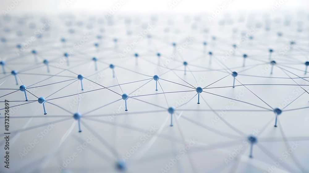 Minimalist network design with blue lines and light grey connection points on a white background, clean and modern Minimalist network design with blue lines and light grey connection points on a white background, clean and modern