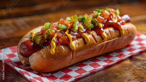 Close-up of a classic hot dog topped with mustard, ketchup, and relish, placed on a red-and-white checkered napkin