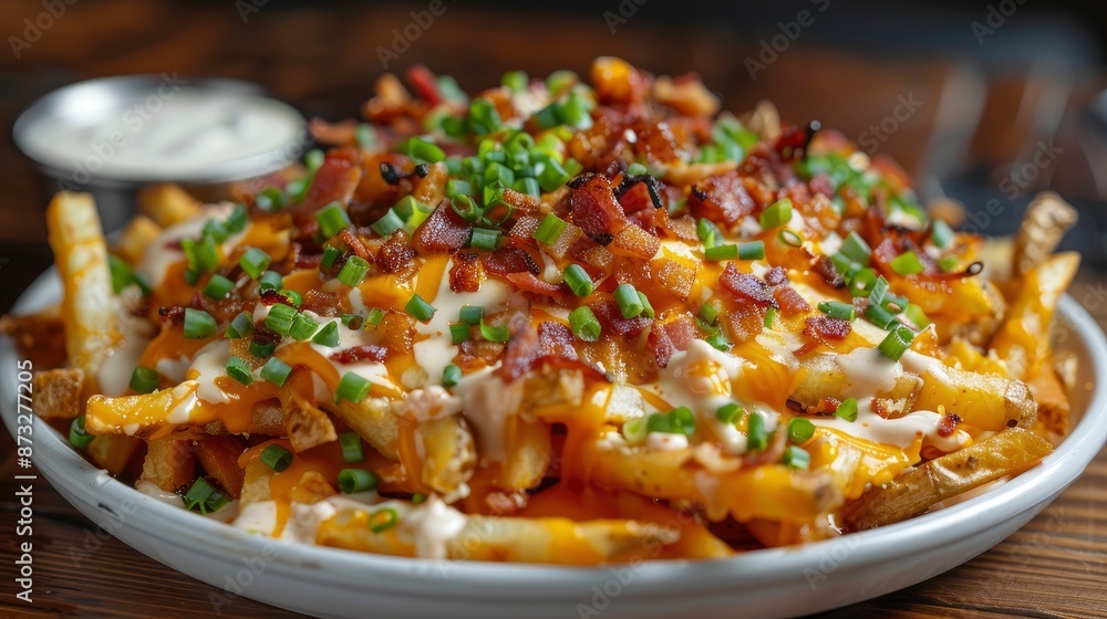 A plate of loaded fries topped with melted cheese, bacon bits, and green onions, with a side of ranch dressing A plate of loaded fries topped with melted cheese, bacon bits, and green onions, with a side of ranch dressing