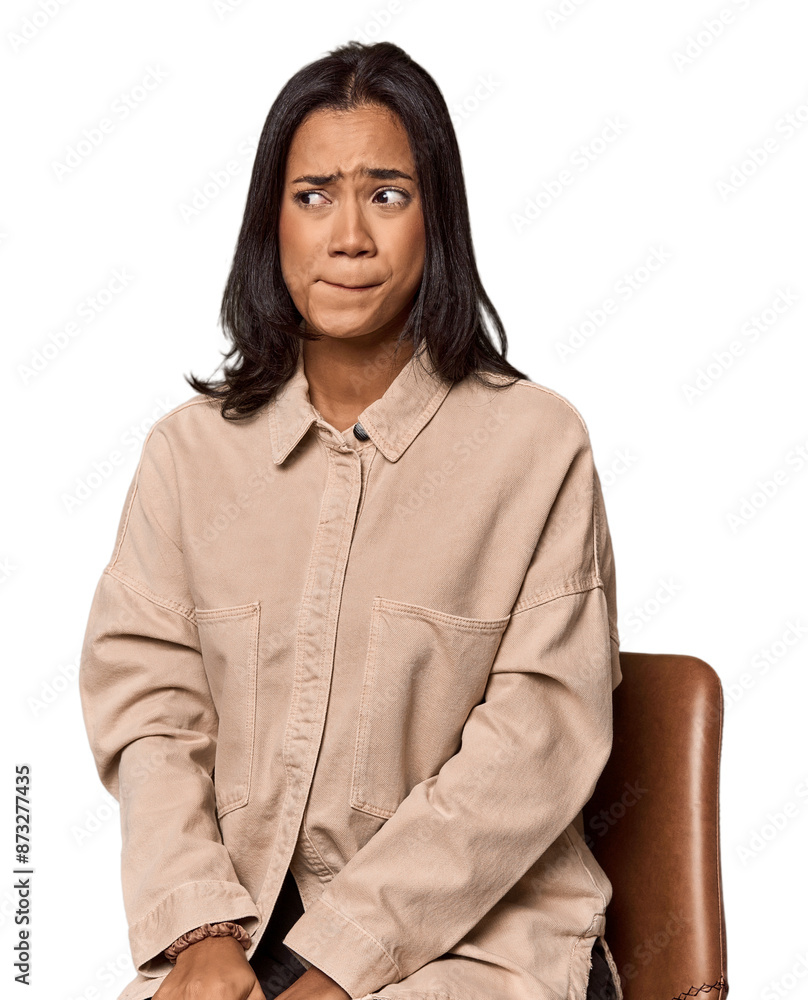 Young woman sitting in chair in studio confused, feels doubtful and unsure. Young woman sitting in chair in studio confused, feels doubtful and unsure.