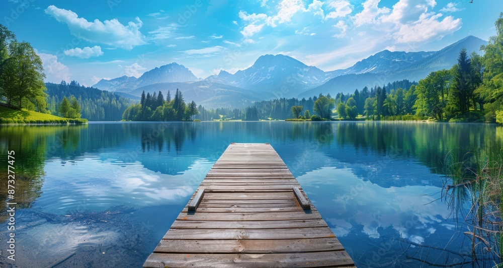 Serene mountain lake with wooden pier at sunrise. Concept of peaceful landscape, tranquil nature, relaxation, and calmness. Serene mountain lake with wooden pier at sunrise. Concept of peaceful landscape, tranquil nature, relaxation, and calmness.