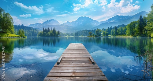 Serene mountain lake with wooden pier at sunrise. Concept of peaceful landscape, tranquil nature, relaxation, and calmness.