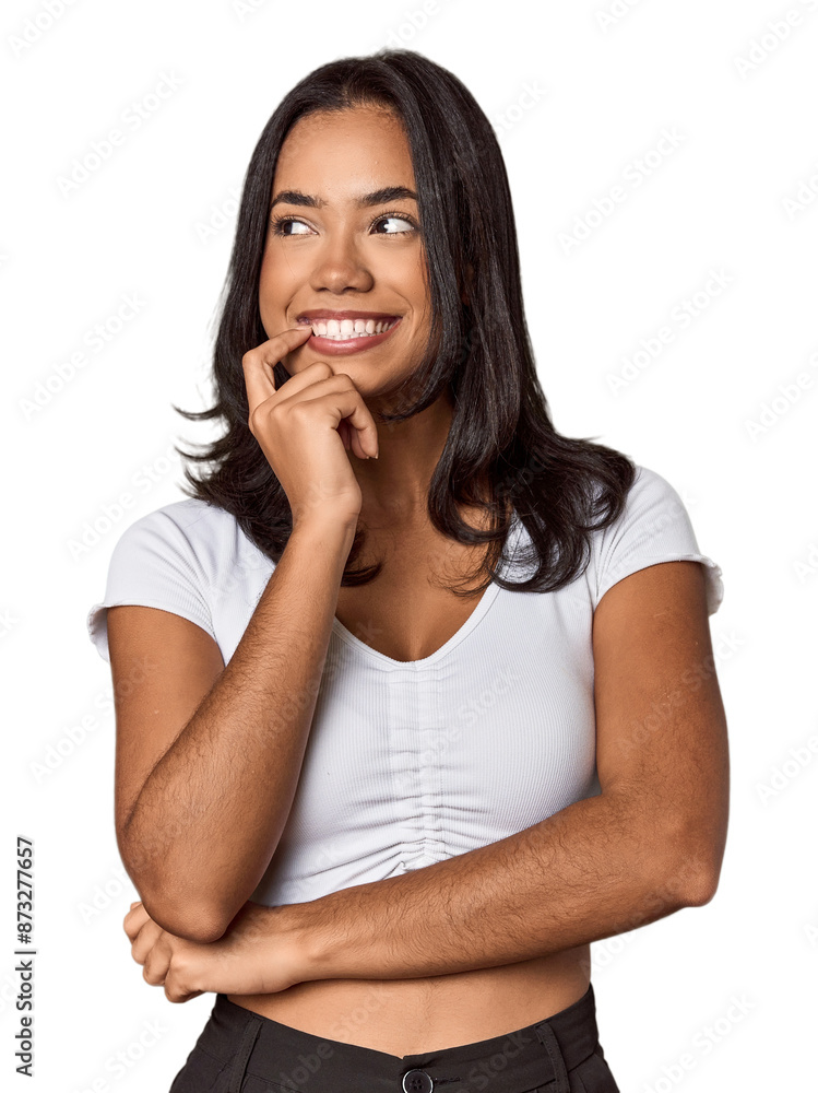 Young filipino woman relaxed thinking about something looking at a copy space. Young filipino woman relaxed thinking about something looking at a copy space.