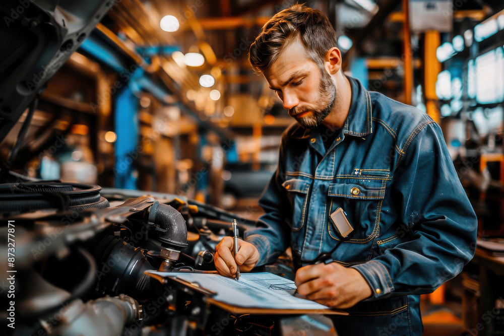 Mechanic inspecting a machine in a busy workshop, wearing overalls and writing notes. Industrial background with tools and equipment. Mechanic inspecting a machine in a busy workshop, wearing overalls and writing notes. Industrial background with tools and equipment.