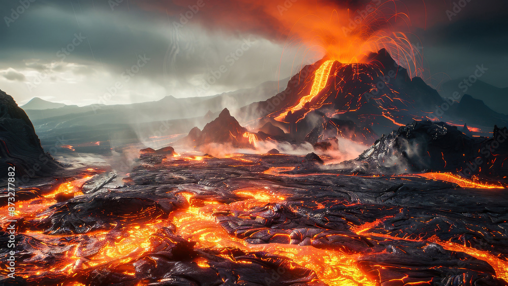 A dramatic scene of a volcanic eruption with flowing lava, ash, and smoke. The intense heat and glowing molten rock create a captivating natural spectacle. A dramatic scene of a volcanic eruption with flowing lava, ash, and smoke. The intense heat and glowing molten rock create a captivating natural spectacle.