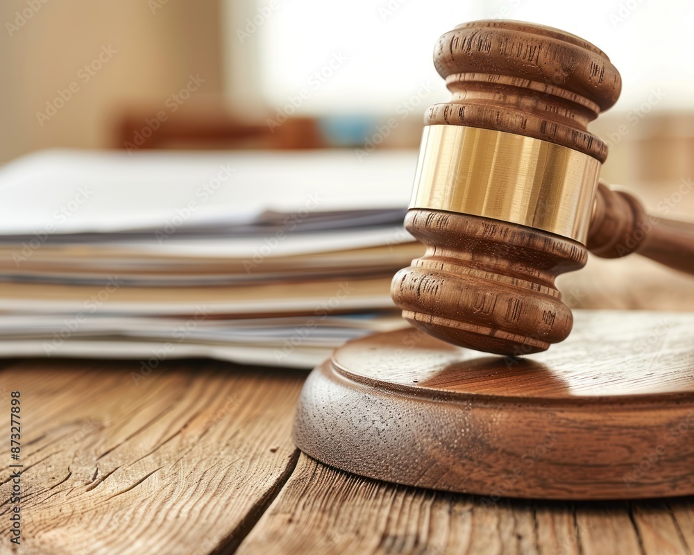 Judge's gavel on wooden table with legal documents in background. Concepts. law, justice, court, legal system, judgment, verdict, lawyer, attorney, lawsuit Judge's gavel on wooden table with legal documents in background. Concepts. law, justice, court, legal system, judgment, verdict, lawyer, attorney, lawsuit