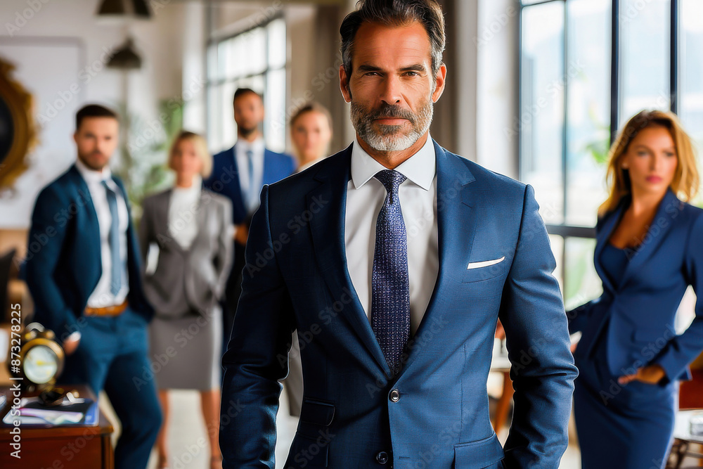 A group of business professionals dressed in suits standing confidently in a modern office setting, embodying teamwork and leadership. A group of business professionals dressed in suits standing confidently in a modern office setting, embodying teamwork and leadership.