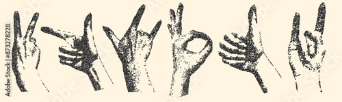 Stippled photocopy effect Hands Making Various Gestures