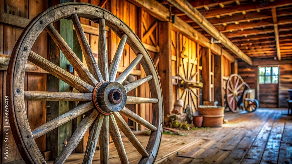 Close-up of a 19th century Shaker Amish wooden wagon wheel in a barn Close-up of a 19th century Shaker Amish wooden wagon wheel in a barn