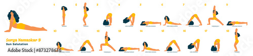 Surya Namaskar B. Sun Solutation. Dark skin tone female perform yoga poses isolated on white background. Vector collection.