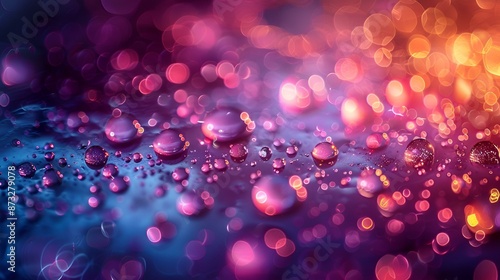 Water droplets on purple background with bright light shining through. 