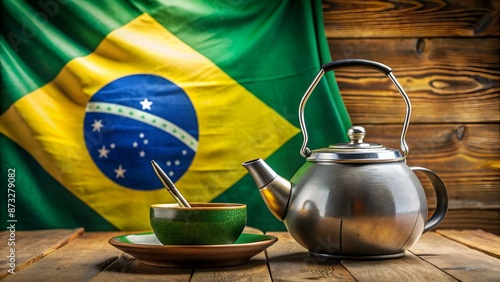 Kettle and chimarrão on the table and in the background the State Flag of Rio Grande do Sul - Brazil. Decoration in celebration of the traditional Week of the South of Brazil. Farroupilha revolution. photo