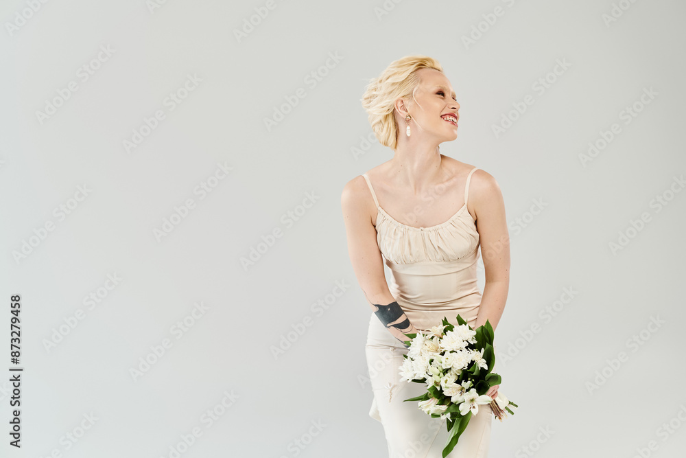 A beautiful blonde bride in a wedding dress holding a bouquet of flowers, exuding serenity and elegance. A beautiful blonde bride in a wedding dress holding a bouquet of flowers, exuding serenity and elegance.