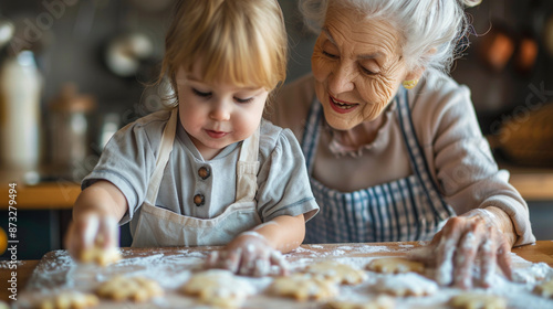 Close-up of a modern grandmother baking cookies with her grandchild