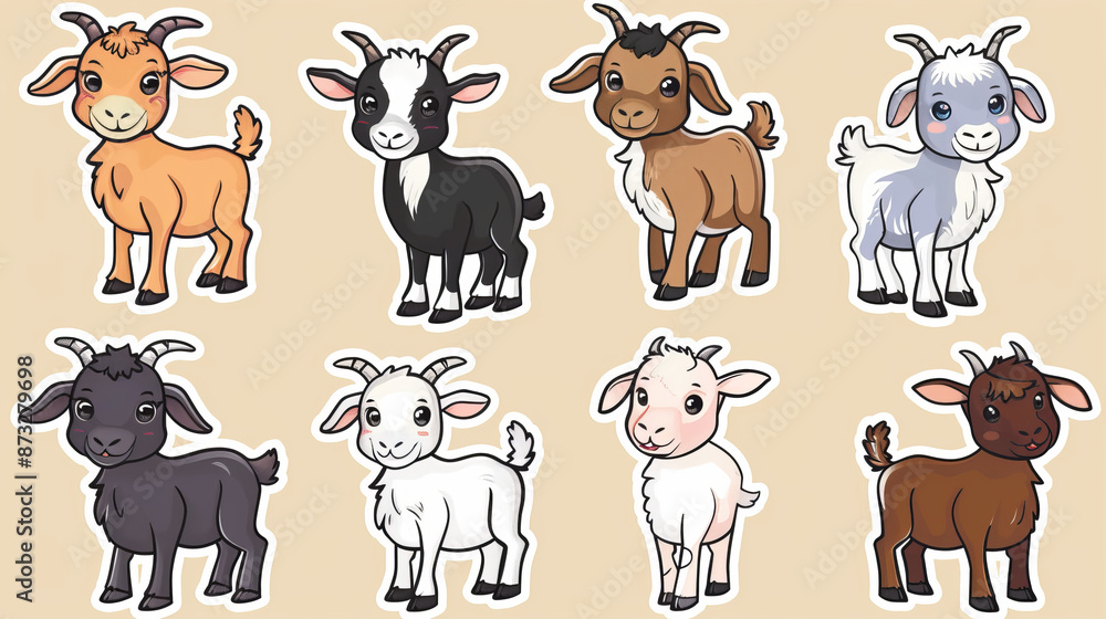 Fototapeta premium Cute cartoon goats are designed to be printed as stickers.