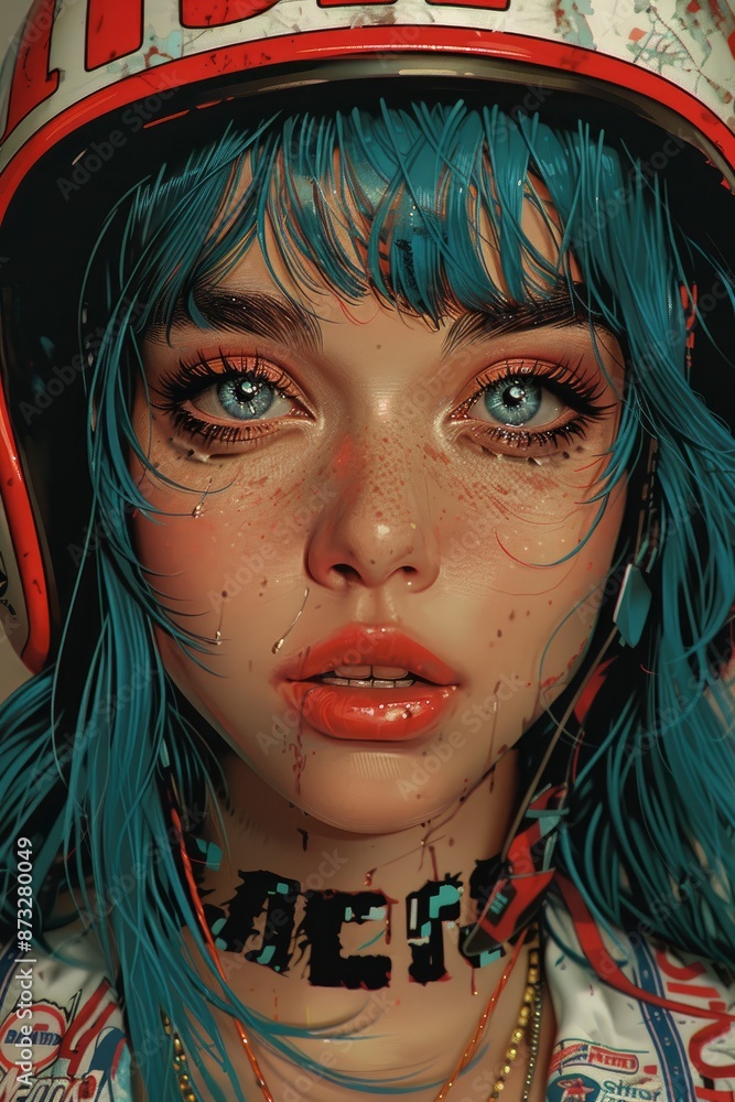 A colorful anime-style illustration of a futuristic racer with a high-tech helmet, wearing aerodynamic gear. A colorful anime-style illustration of a futuristic racer with a high-tech helmet, wearing aerodynamic gear.