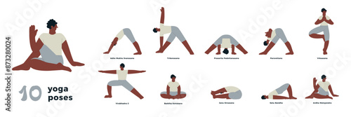 10 yoga poses vector illustration collection. Trikonasana, Prasarita Padotanasana, Pasvottana, Vrksasana, Virabhadra-2, Baddha Konasana, Janu Sirsasana, Setu Bandha, Ardha Matsyendra, Adho Mukha Svana