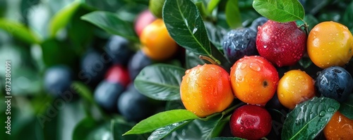 Close-up of ripe, colorful berries on a lush, green shrub, showcasing vibrant hues and fresh, natural details in a garden setting.