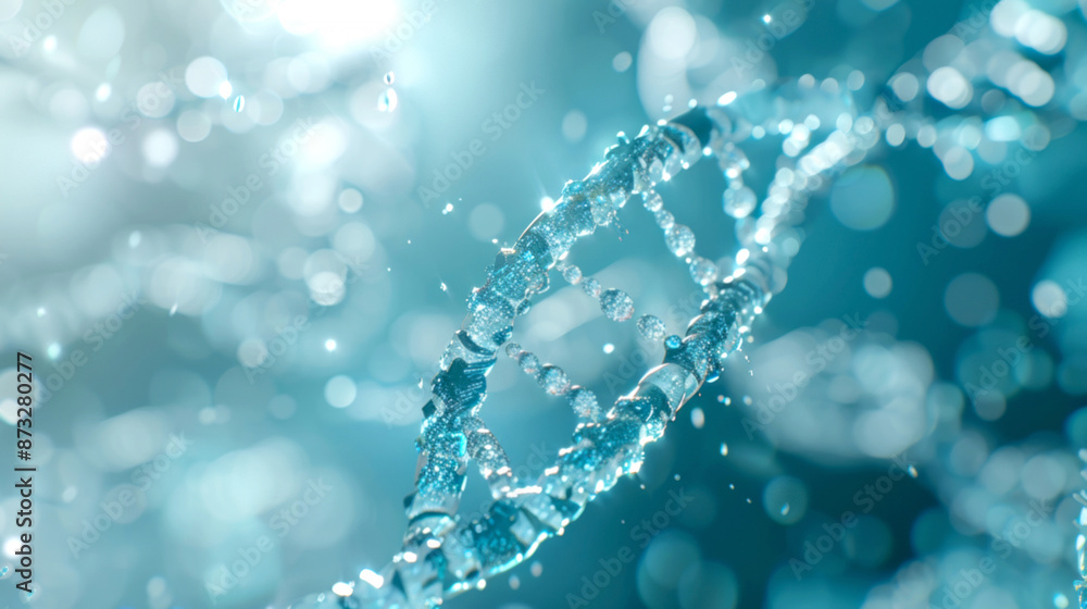 Fototapeta premium Closeup of dna double helix, illuminated with sparkling blue bokeh lights. detailed molecular structure and reflective light effects create futuristic and scientific ambiance.