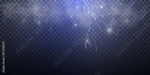 Light white isolated vector lightning png. Realistic natural lightning effectThunderstorm. Strength Energy charge Thunder. Blitz Lightning Thunder Light Sparks Storm Flash