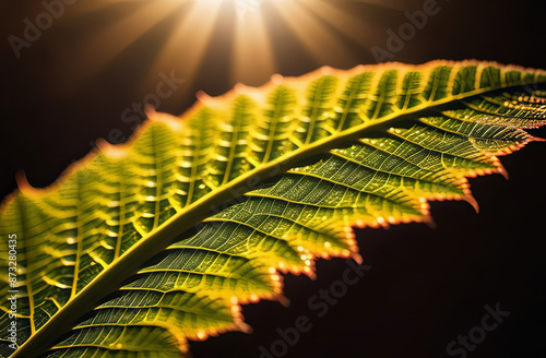 Colorful leaf texture, dark foliage nature background, tropical leaf. Backlit Gunnera leaf macro.  photo