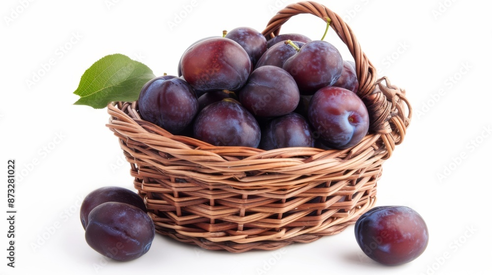 Basket filled with plump, juicy plums, their deep purple skin glistening against the white background
