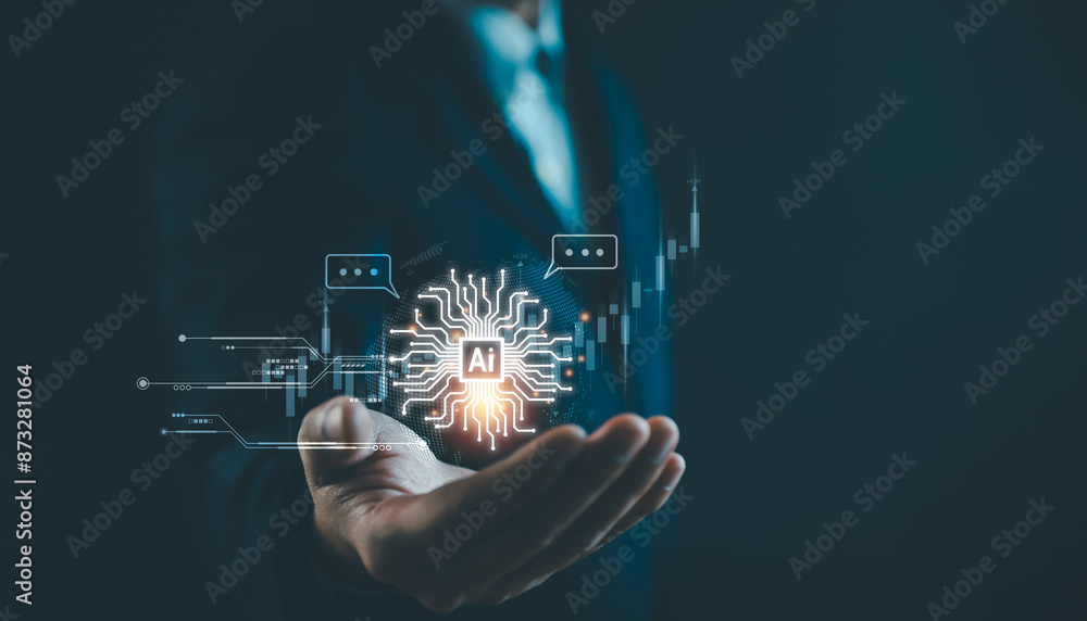 Fototapeta premium Stock market trading with AI Artificial Intelligence technology concept, Digital technology strategy for business growth, Financial investment stock market by AI. Virtual assistant on internet