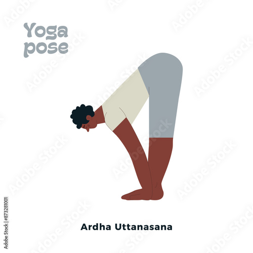 Dark skin tone male perform yoga pose isolated on white background. Ardha Uttanasana - Standing Forward Bend Pose.