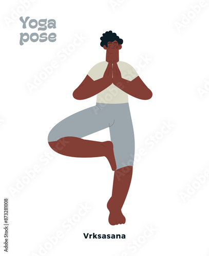 Dark skin tone male perform yoga pose isolated on white background. Vrksasana - Tree Pose.