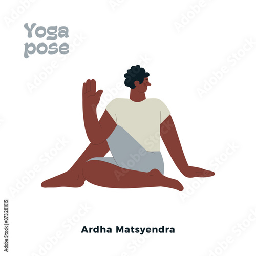 Dark skin tone male perform yoga pose isolated on white background. Ardha Matsyendrasana - Half Lord of the Fishes Pose.