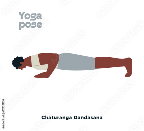 Dark skin tone male perform yoga pose isolated on white background. Chaturanga Dandasana - Four Limbed Staff Pose, Low Plank Pose.