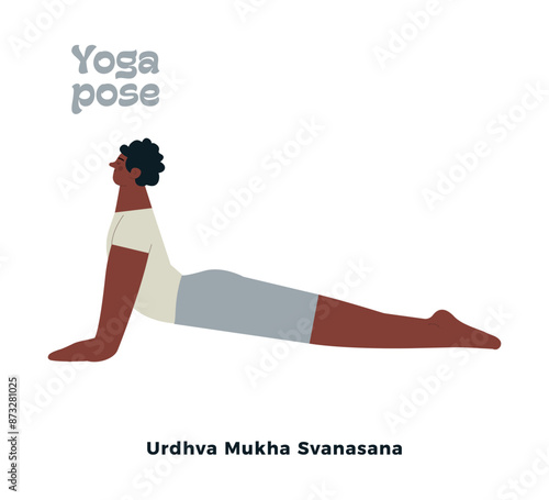 Dark skin tone male perform yoga pose isolated on white background. Urdhva Mukha Svanasana - Upward Facing Dog Pose Pose.