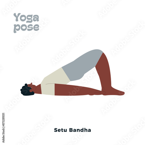 Dark skin tone male perform yoga pose isolated on white background. Setu Bandha - Bridge Pose.