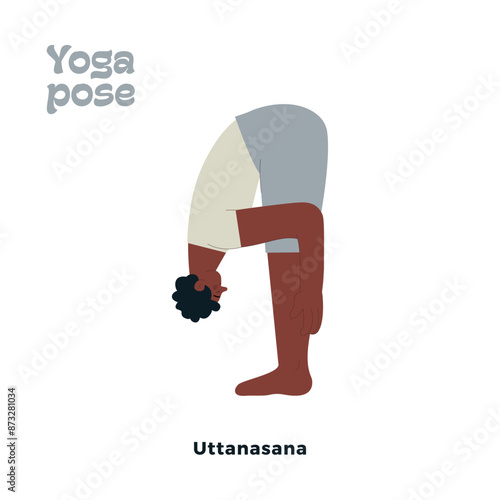 Dark skin tone male perform yoga pose isolated on white background. Uttanasana - Standing Forward Bend Pose.