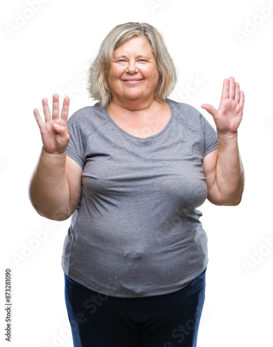 Senior plus size caucasian woman over isolated background showing and pointing up with fingers number nine while smiling confident and happy.