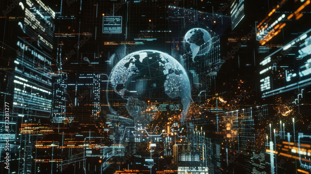 Hologram-like images of graphs, a globe and texts rotate on a black background. The illustrations represent technology-related concepts such as globalization and protection. Hologram-like images of graphs, a globe and texts rotate on a black background. The illustrations represent technology-related concepts such as globalization and protection.