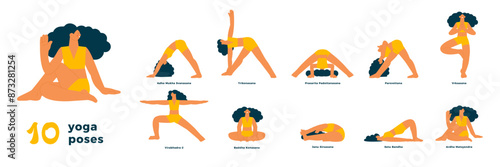 10 yoga poses vector illustration collection. Trikonasana, Prasarita Padotanasana, Pasvottana, Vrksasana, Virabhadra-2, Baddha Konasana, Janu Sirsasana, Setu Bandha, Ardha Matsyendra, Adho Mukha Svana