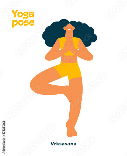 Dark skin tone female perform yoga pose isolated on white background. Vrksasana - Tree Pose.