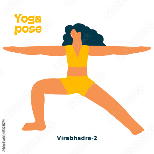 Dark skin tone female perform yoga pose isolated on white background. Virabhadra 2 - Warrior Pose.