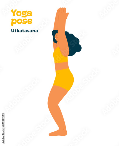 Dark skin tone female perform yoga pose isolated on white background. Utkatasana - Chair Pose.