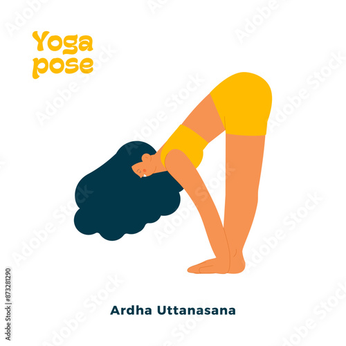 Dark skin tone female perform yoga pose isolated on white background. Ardha Uttanasana - Standing Forward Bend Pose.