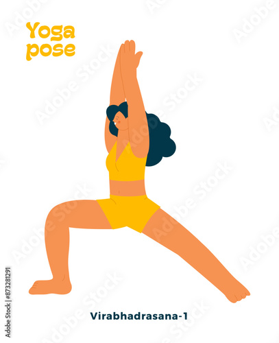 Dark skin tone female perform yoga pose isolated on white background. Virabhadrasana 1 - Warrior Pose.