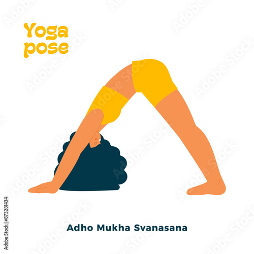 Dark skin tone female perform yoga pose isolated on white background. Adho Mukha Svana - Downward Facing Dog Pose.