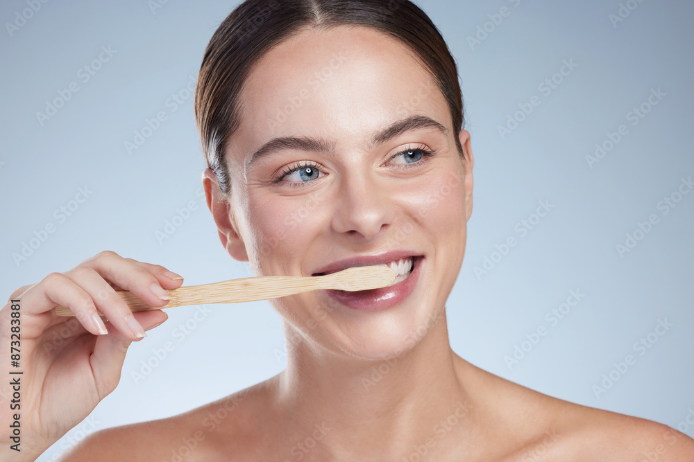 Teeth, beauty and woman in studio with toothbrush, hygiene and dental care on white background. Toothpaste, product and smile for influencer and brand deal, medical and promotion for female person Teeth, beauty and woman in studio with toothbrush, hygiene and dental care on white background. Toothpaste, product and smile for influencer and brand deal, medical and promotion for female person