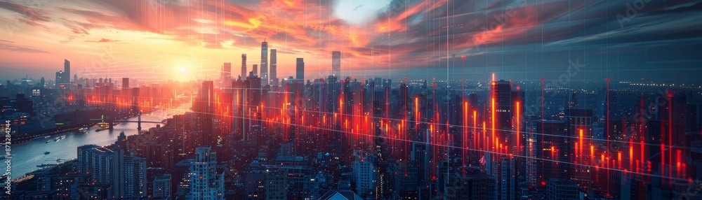 Fototapeta premium A futuristic cityscape at sunset with a digital financial graph overlay, representing modern urban life and technological advancements.