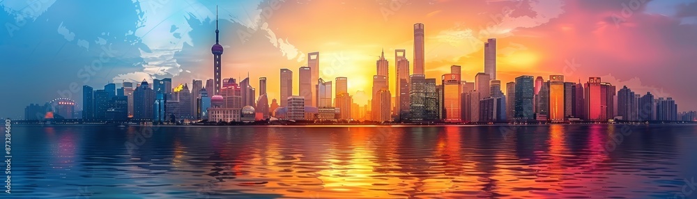 Obraz premium Stunning panoramic skyline of a modern city at sunset, with vibrant colors reflecting off the water, capturing urban beauty and architecture.